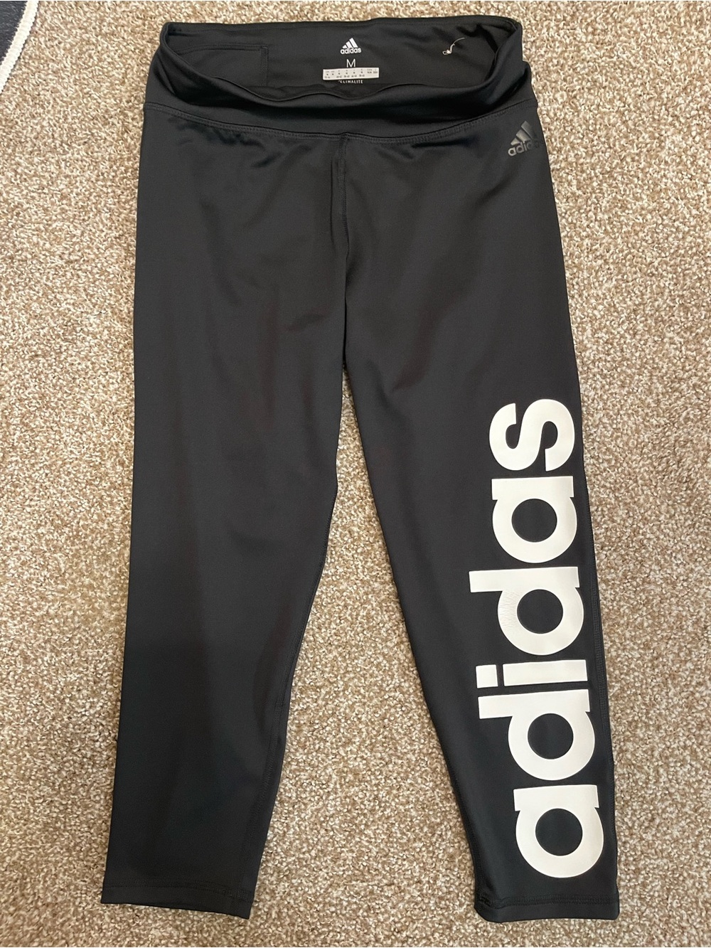 adidas Black Capri Leggings with White Vertical Logo